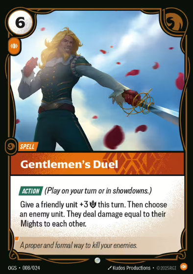 Not every red spell in Riftbound needs to scream bloodlust. Gentlemen’s Duel from Riftbound TCG brings something rare to the factio