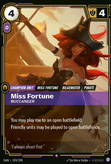 Miss Fortune hits the Riftbound board like a cannon blast—loud, directional, and impossible to ignore. She’s not here to play slow.